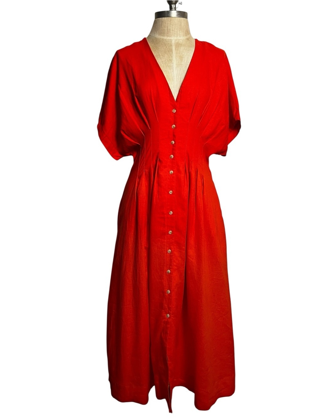 Scotch & Soda Pleated Dolman Sleeve Linen Blend Orange Midi Dress Small - Picture 4 of 14